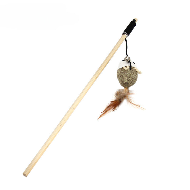 Yingte Pet Toy: Wooden Cat Teaser Wand with Long Feathers, Bell, and Mouse for Interactive Play.