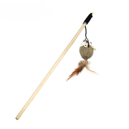 Yingte Pet Toy: Wooden Cat Teaser Wand with Long Feathers, Bell, and Mouse for Interactive Play.