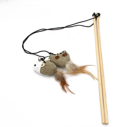 Yingte Pet Toy: Wooden Cat Teaser Wand with Long Feathers, Bell, and Mouse for Interactive Play.