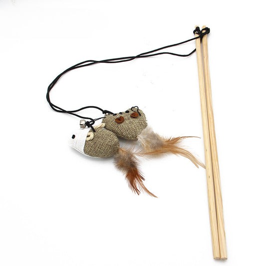 Yingte Pet Toy: Wooden Cat Teaser Wand with Long Feathers, Bell, and Mouse for Interactive Play.