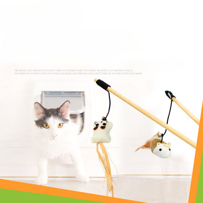 Yingte Pet Toy: Wooden Cat Teaser Wand with Long Feathers, Bell, and Mouse for Interactive Play.
